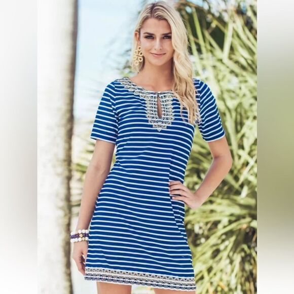 Cabana Life Blue & White Striped Dress/Cover Up w/Gold Embroidery UPF Large - Picture 1 of 5
